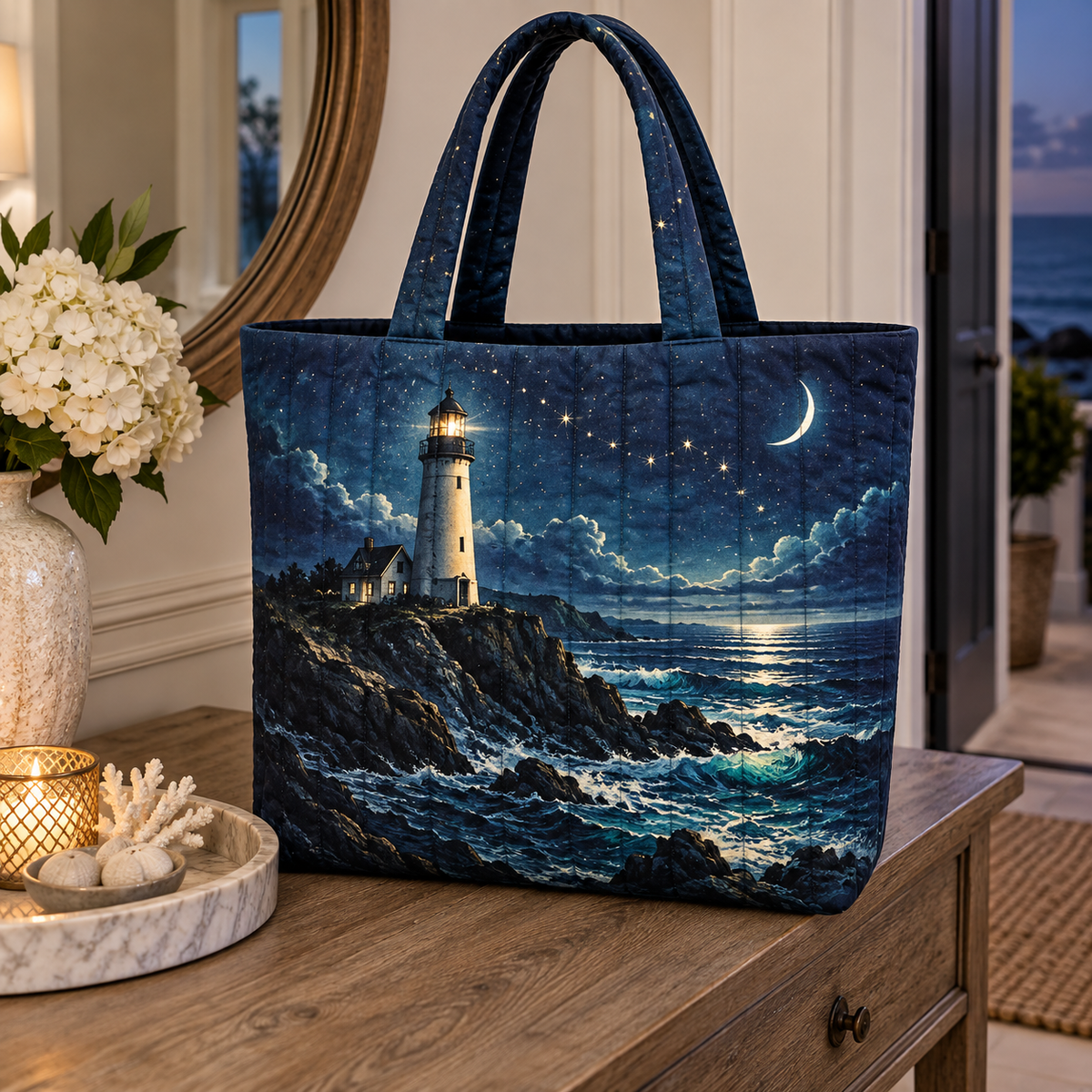 Moonlit Tide Beacon Quilted Tote Bag with printed optical 3D artwork in its use setting