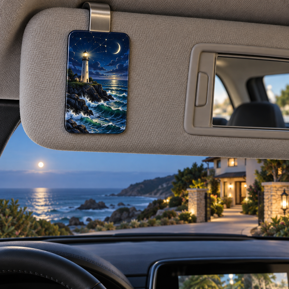 Moonlit Tide Beacon Holographic Car Visor Clip with printed optical 3D artwork in its use setting