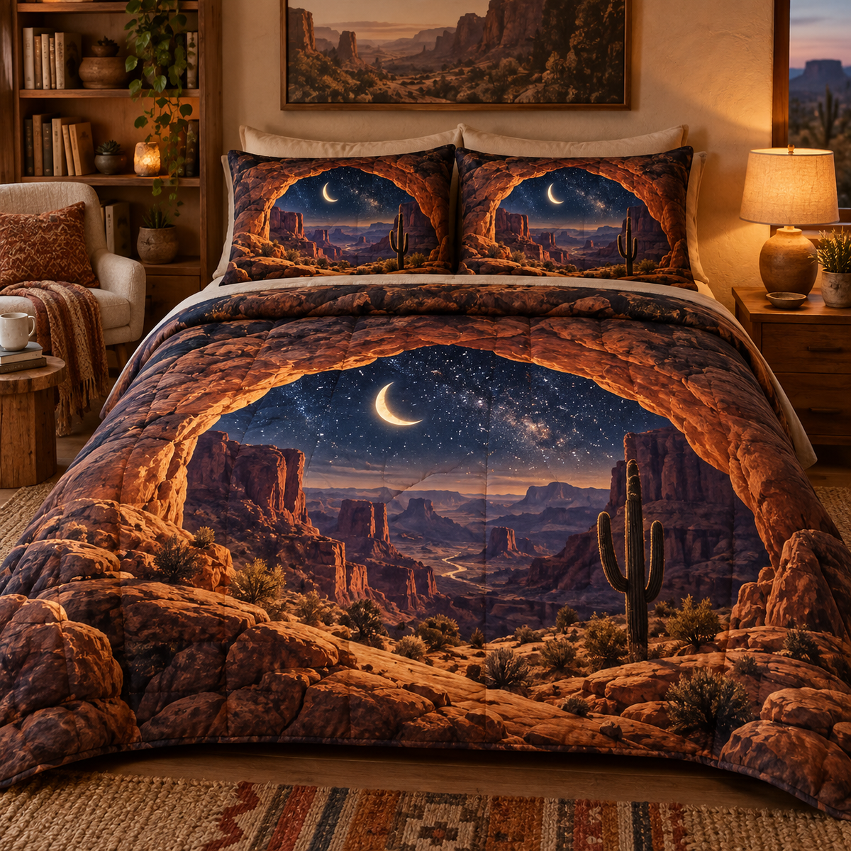 Desert Star Canyon Quilted Bedding Set with printed optical 3D artwork in its use setting