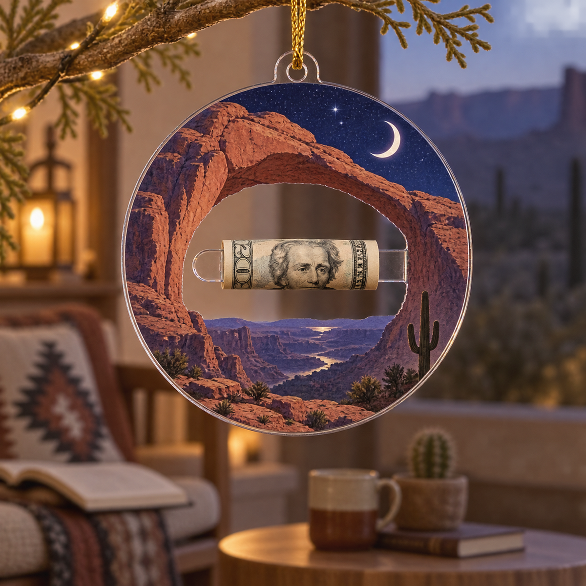 Desert Star Canyon Acrylic Cash Holder Ornament with printed optical 3D artwork in its use setting