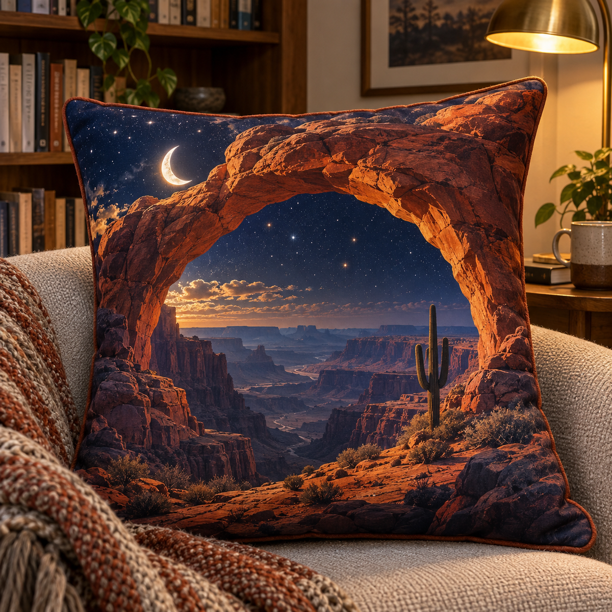 Desert Star Canyon Quilted Cushion Cover with printed optical 3D artwork in its use setting
