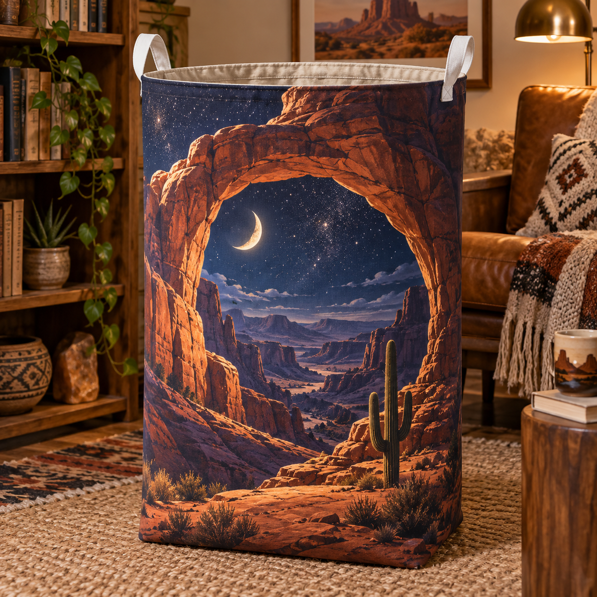Desert Star Canyon Laundry Hamper with printed optical 3D artwork in its use setting