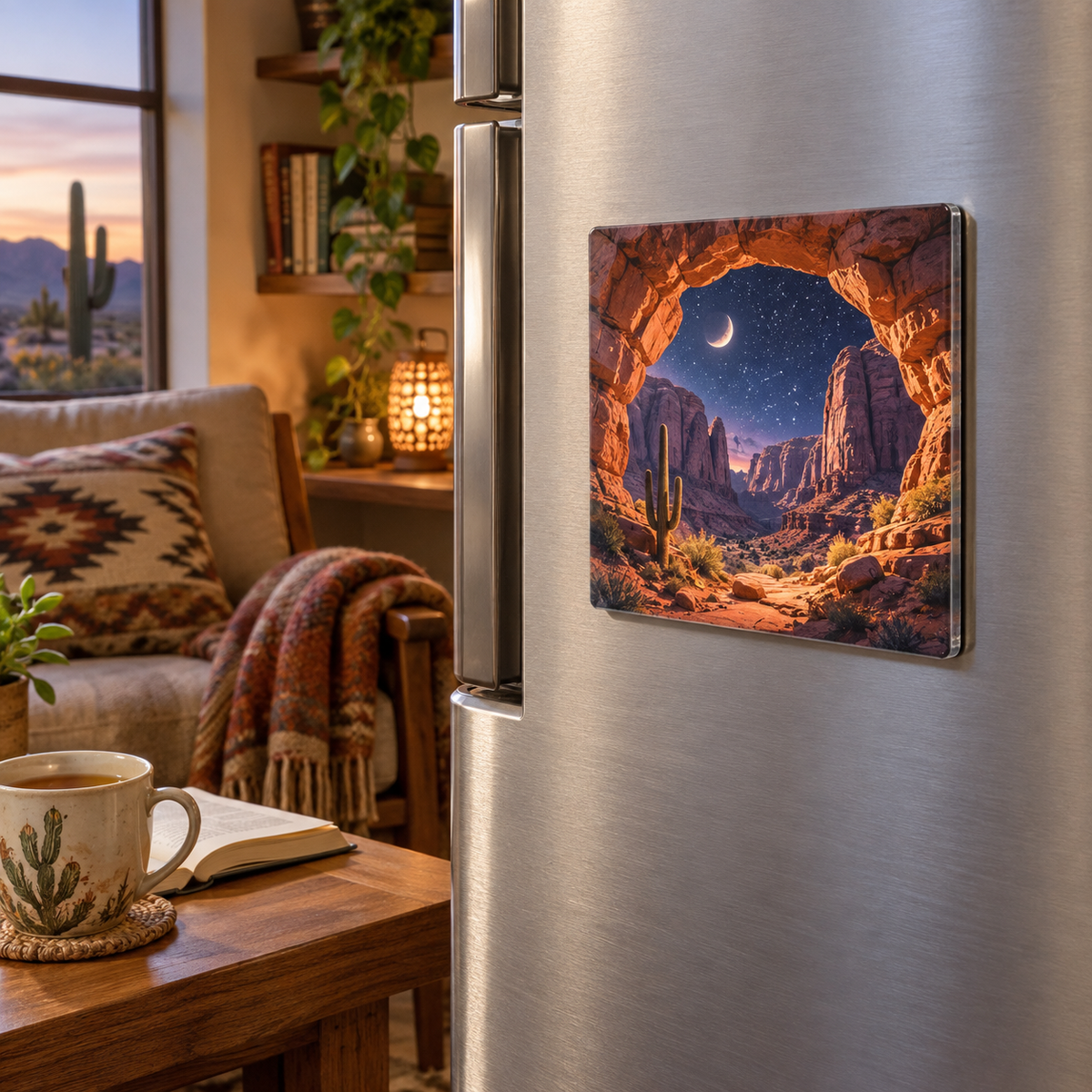 Desert Star Canyon Acrylic Refrigerator Magnet with printed optical 3D artwork in its use setting
