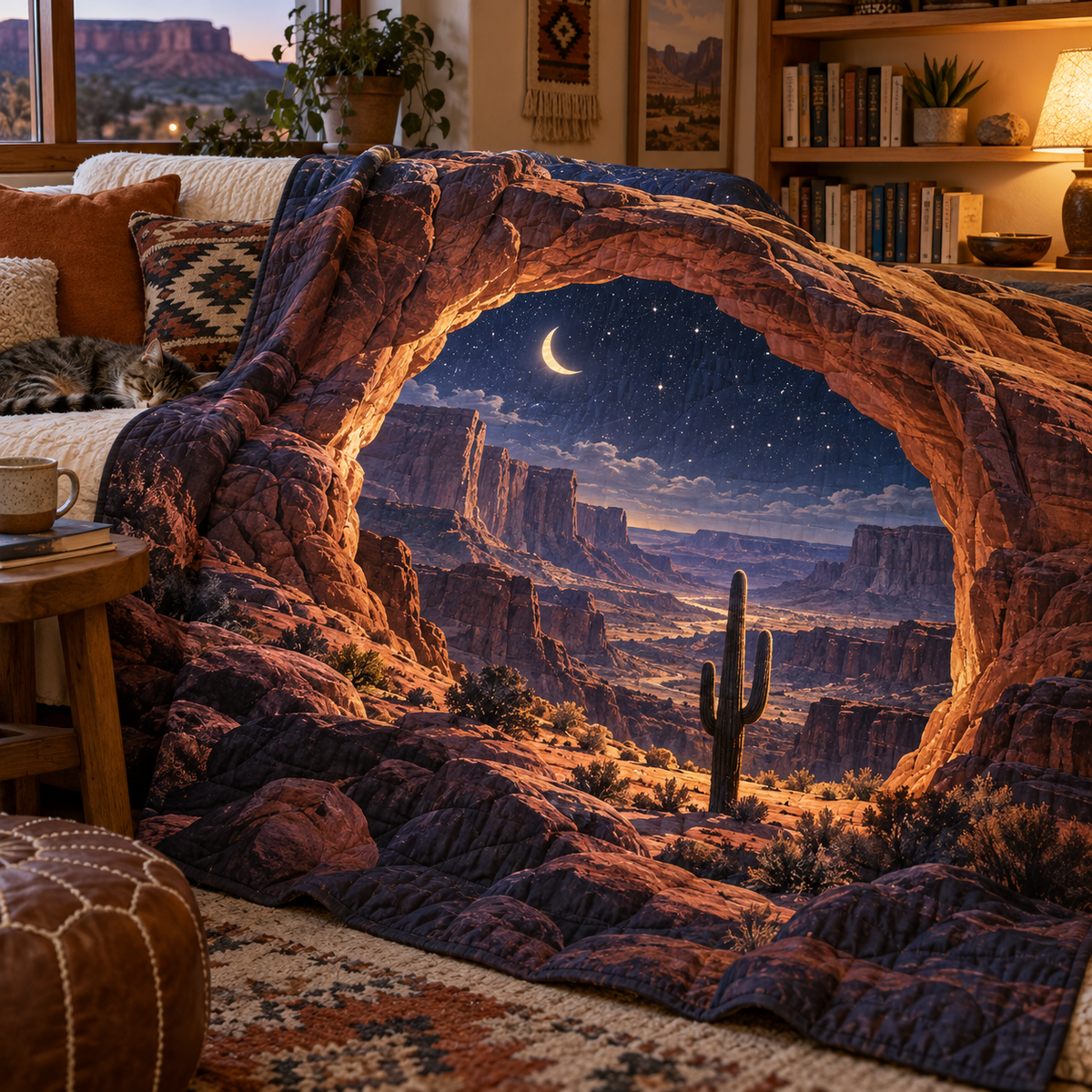 Desert Star Canyon Quilt Blanket with printed optical 3D artwork in its use setting