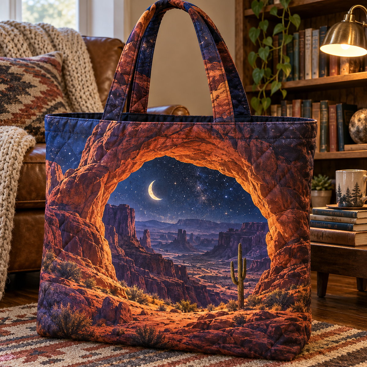 Desert Star Canyon Quilted Tote Bag with printed optical 3D artwork in its use setting