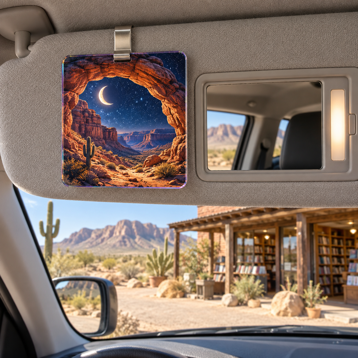 Desert Star Canyon Holographic Car Visor Clip with printed optical 3D artwork in its use setting
