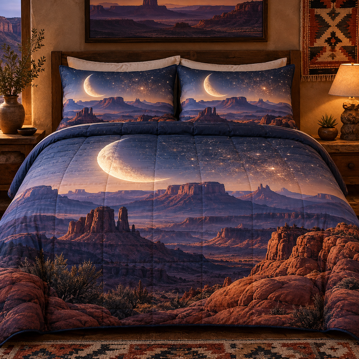 Crescent Mesa Vista Quilted Bedding Set with printed optical 3D artwork in its use setting