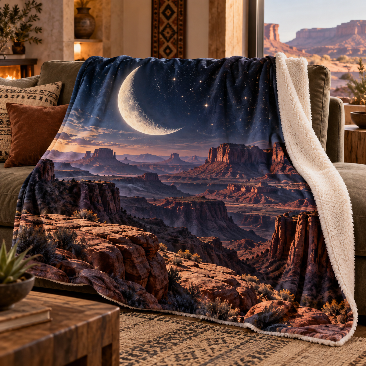 Crescent Mesa Vista Sherpa & Fleece Blanket with printed optical 3D artwork in its use setting