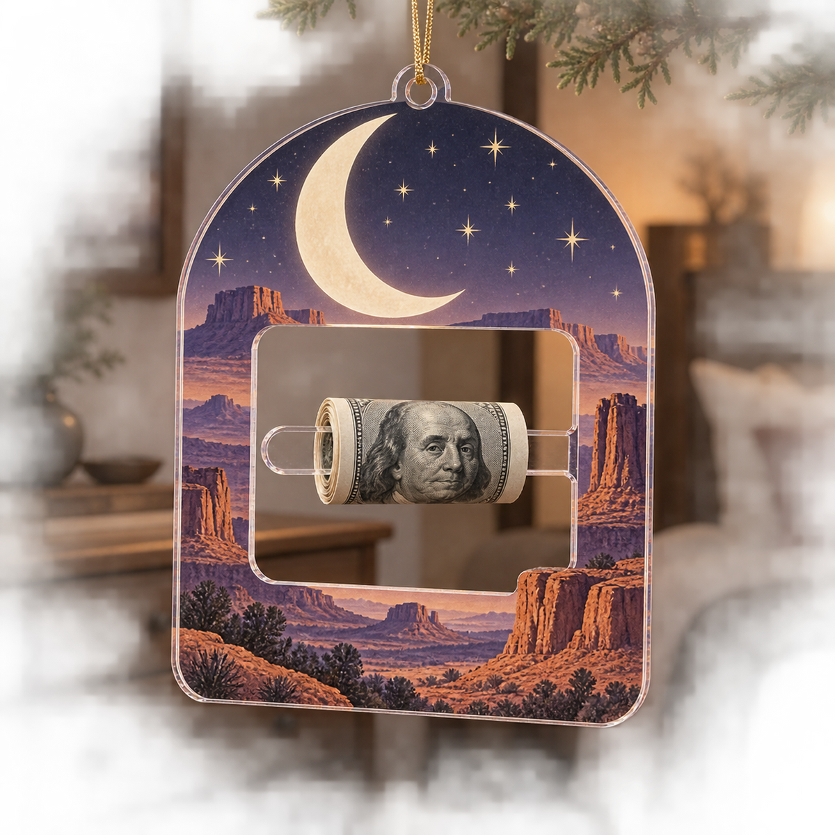 Crescent Mesa Vista Acrylic Cash Holder Ornament with printed optical 3D artwork in its use setting