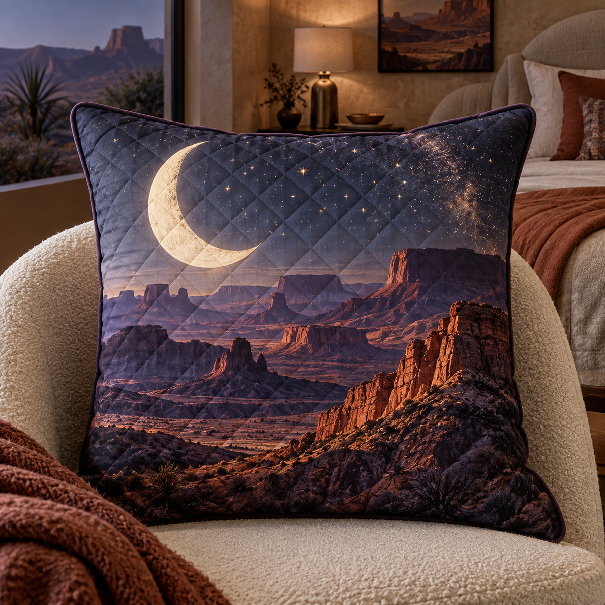 Crescent Mesa Vista Quilted Cushion Cover with printed optical 3D artwork in its use setting