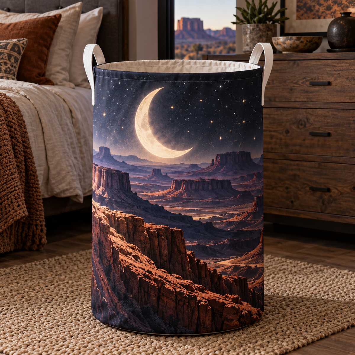 Crescent Mesa Vista Laundry Hamper with printed optical 3D artwork in its use setting