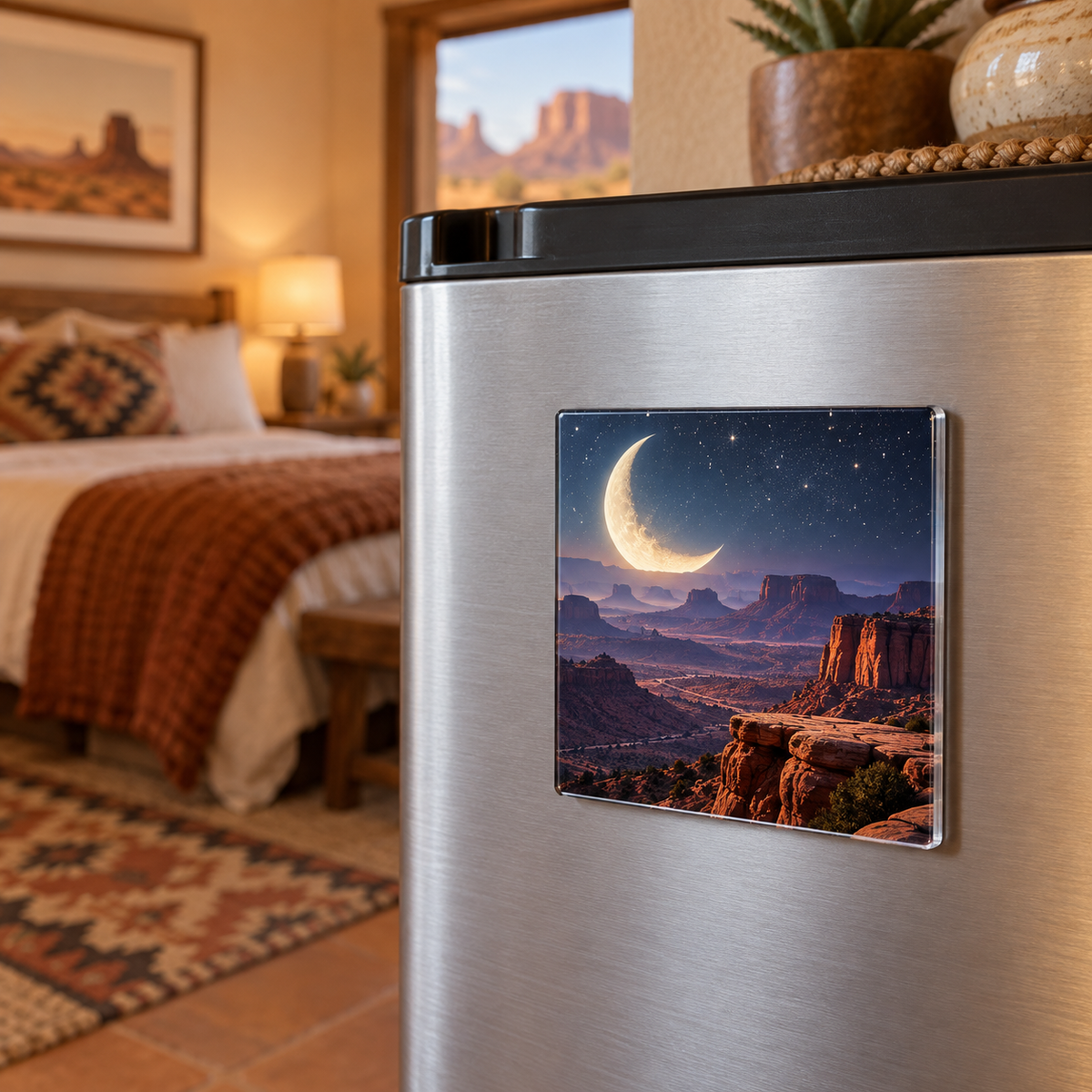 Crescent Mesa Vista Acrylic Refrigerator Magnet with printed optical 3D artwork in its use setting