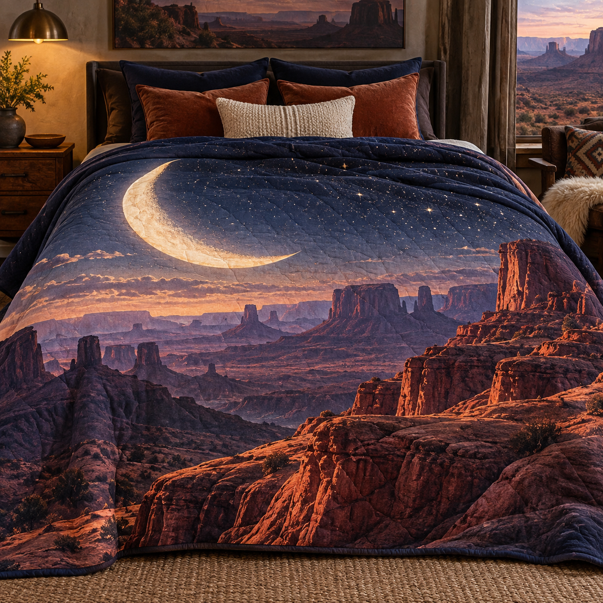 Crescent Mesa Vista Quilt Blanket with printed optical 3D artwork in its use setting