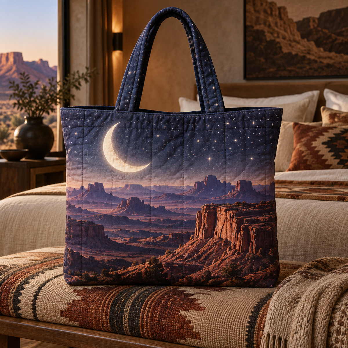 Crescent Mesa Vista Quilted Tote Bag with printed optical 3D artwork in its use setting