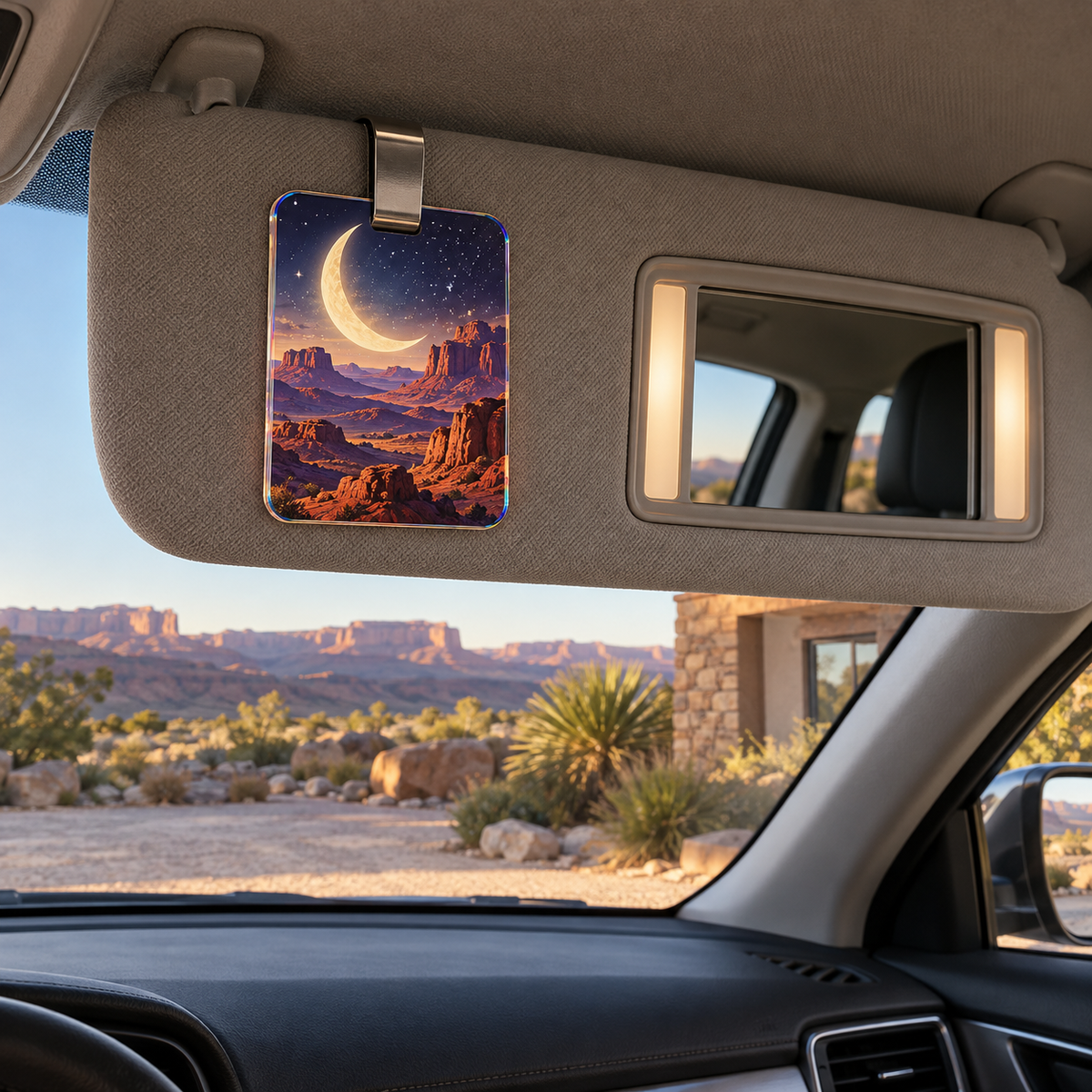 Crescent Mesa Vista Holographic Car Visor Clip with printed optical 3D artwork in its use setting