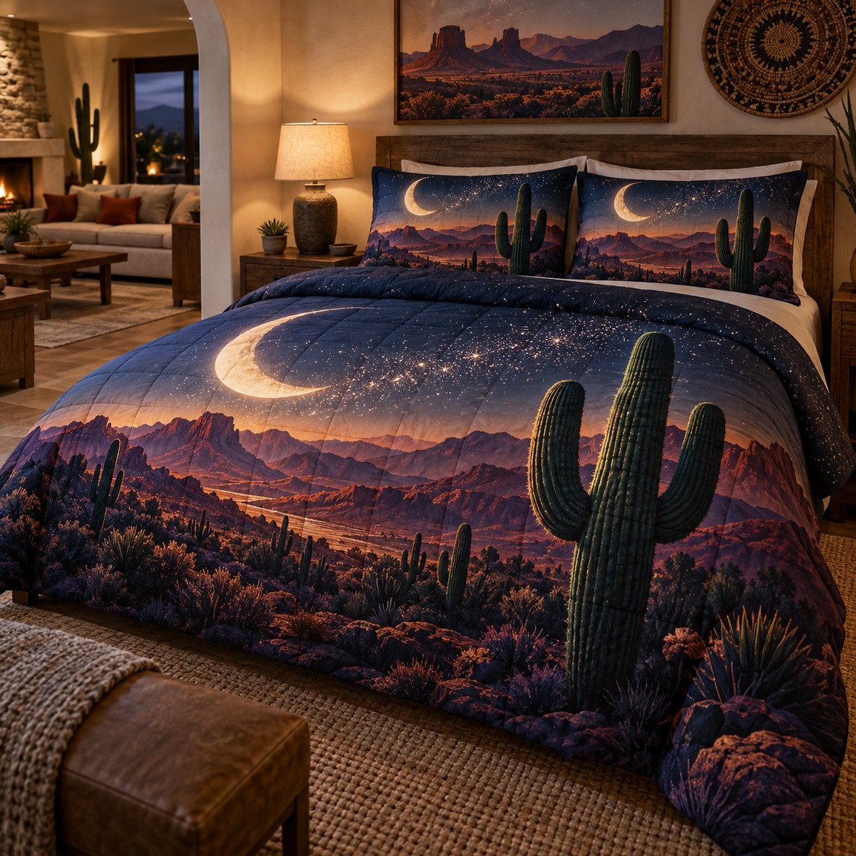 Starlit Saguaro Horizon Quilted Bedding Set with printed optical 3D artwork in its use setting