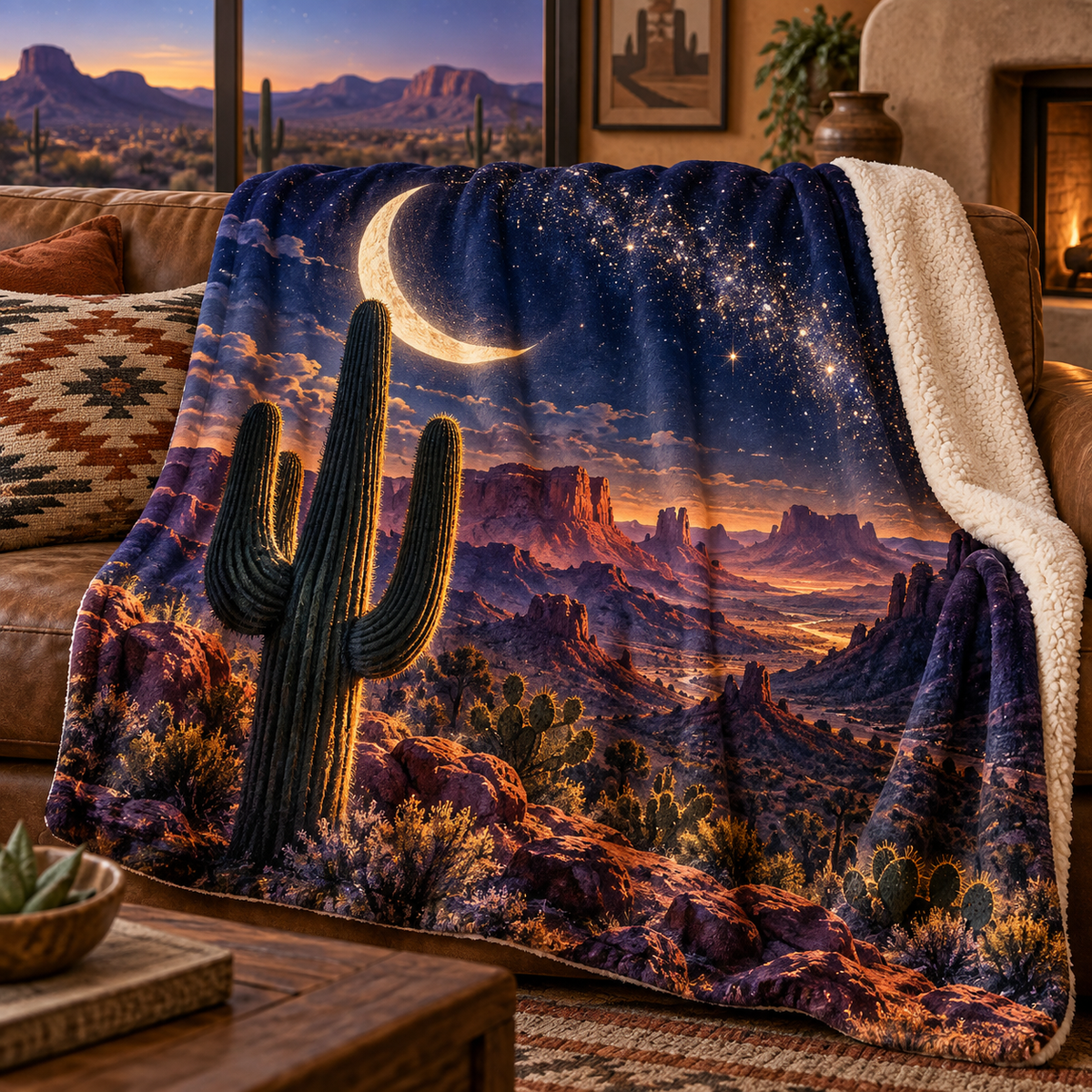 Starlit Saguaro Horizon Sherpa & Fleece Blanket with printed optical 3D artwork in its use setting