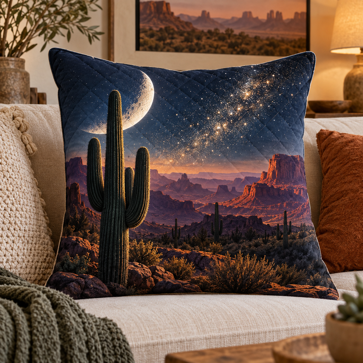 Starlit Saguaro Horizon Quilted Cushion Cover with printed optical 3D artwork in its use setting