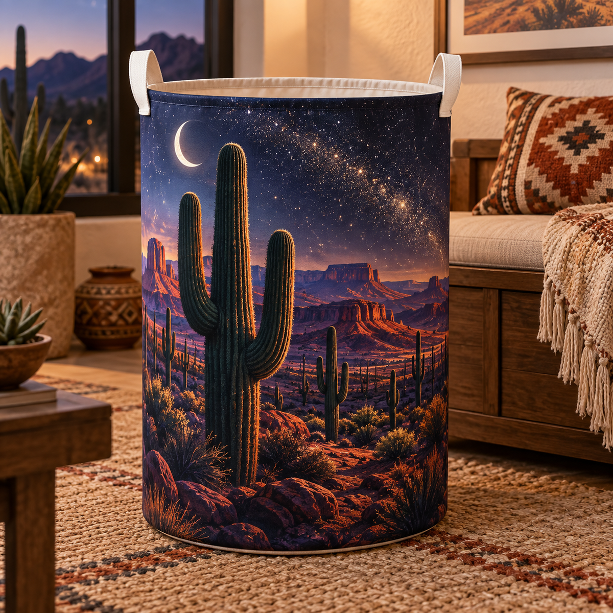 Starlit Saguaro Horizon Laundry Hamper with printed optical 3D artwork in its use setting