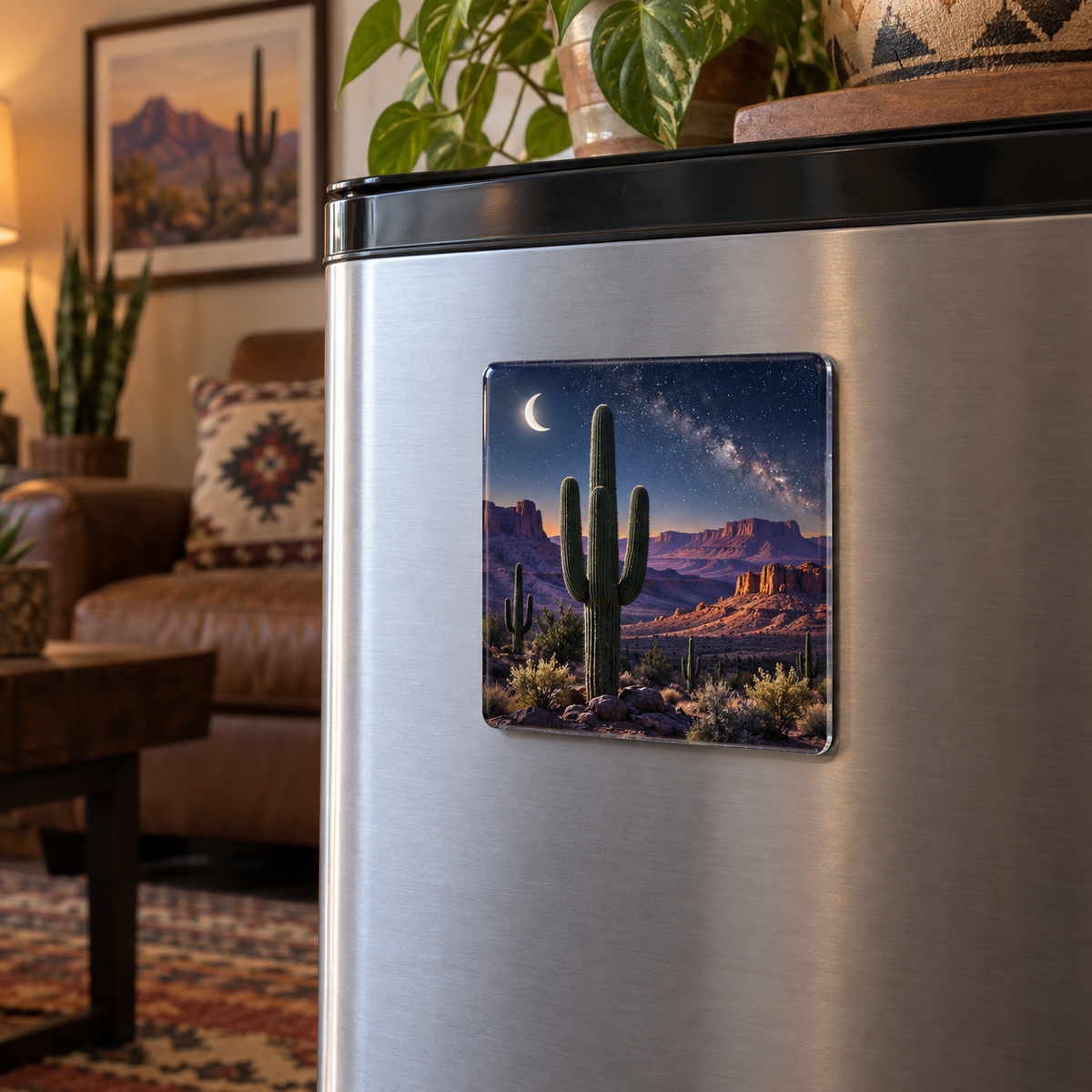 Starlit Saguaro Horizon Acrylic Refrigerator Magnet with printed optical 3D artwork in its use setting
