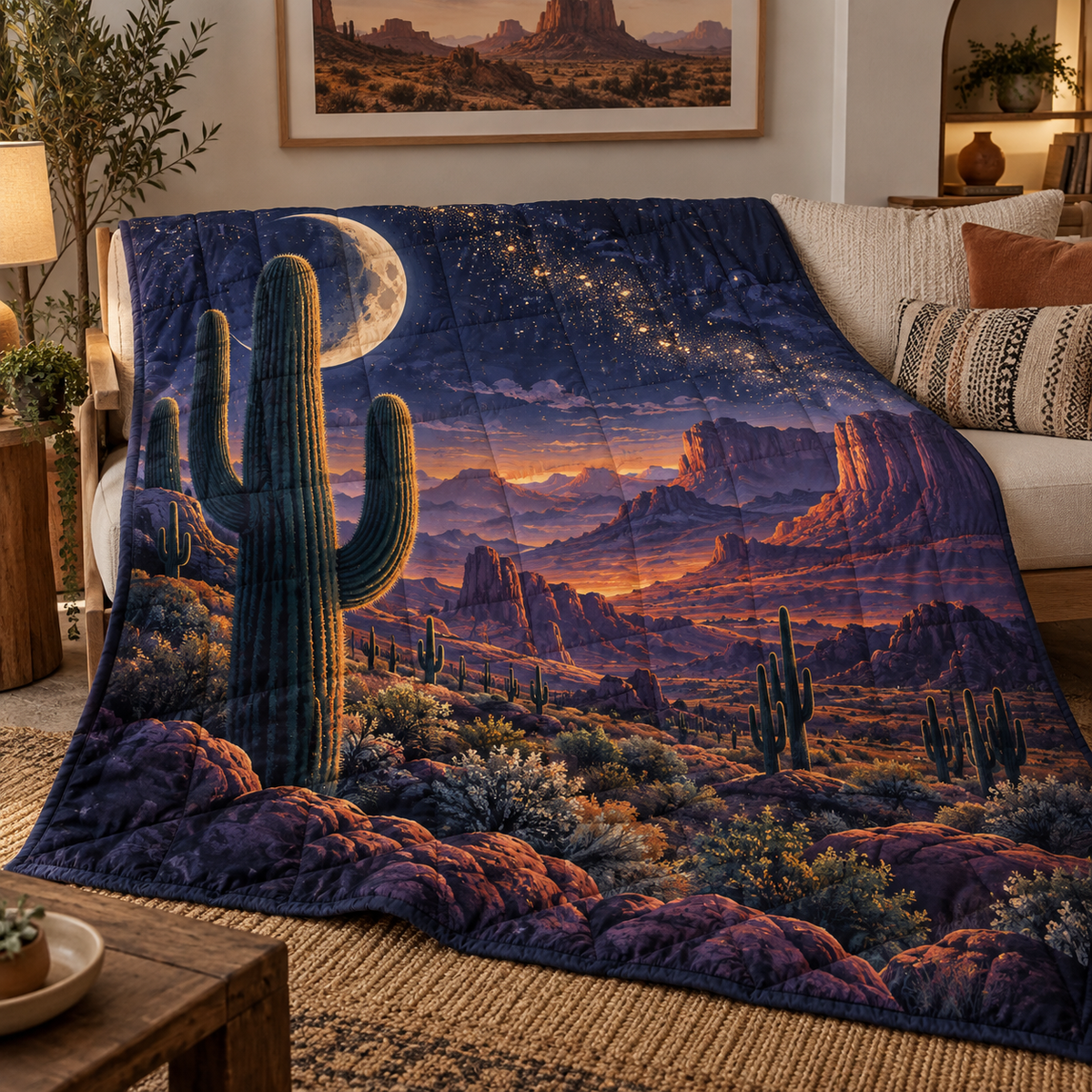 Starlit Saguaro Horizon Quilt Blanket with printed optical 3D artwork in its use setting