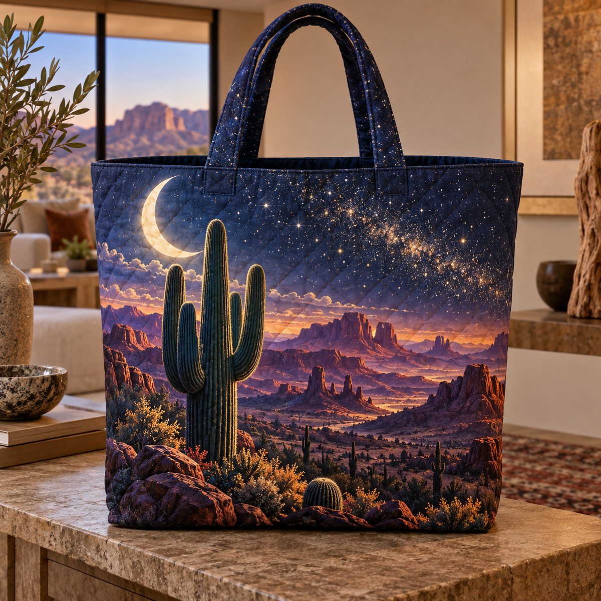 Starlit Saguaro Horizon Quilted Tote Bag with printed optical 3D artwork in its use setting