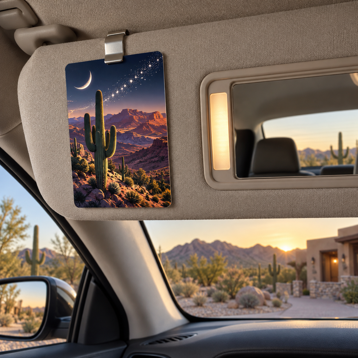 Starlit Saguaro Horizon Holographic Car Visor Clip with printed optical 3D artwork in its use setting