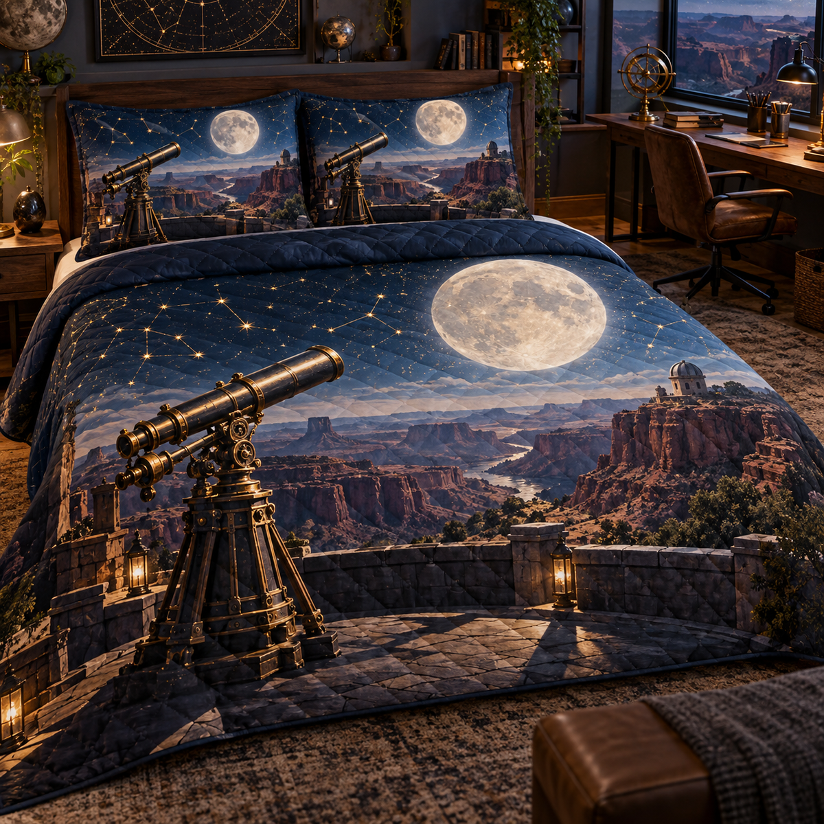 Moonlit Desert Observatory Quilted Bedding Set with printed optical 3D artwork in its use setting