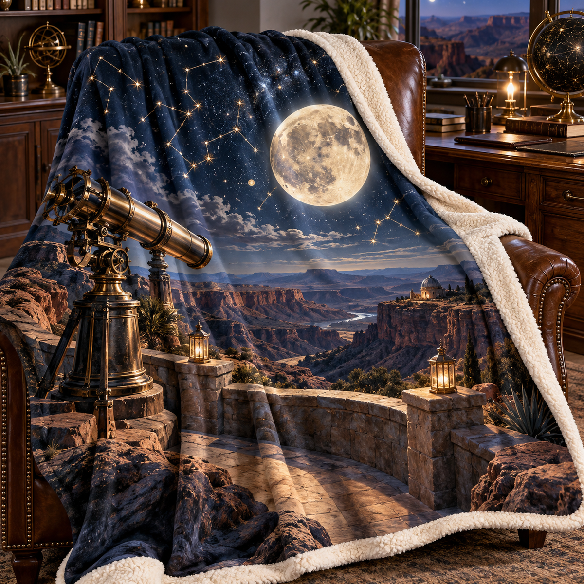 Moonlit Desert Observatory Sherpa & Fleece Blanket with printed optical 3D artwork in its use setting