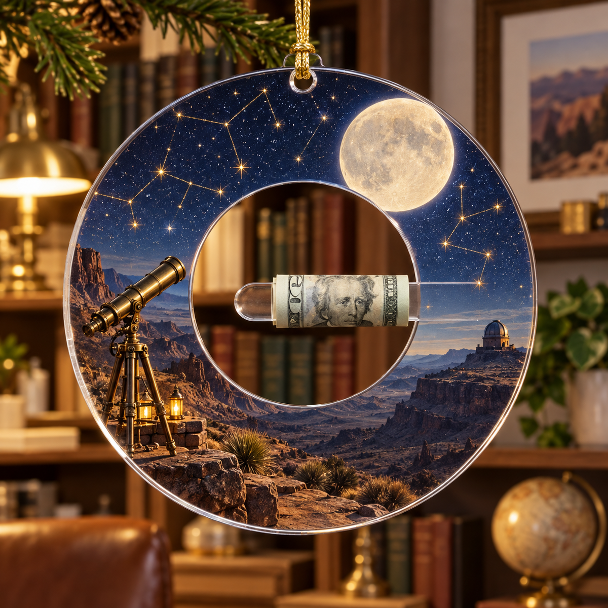 Moonlit Desert Observatory Acrylic Cash Holder Ornament with printed optical 3D artwork in its use setting