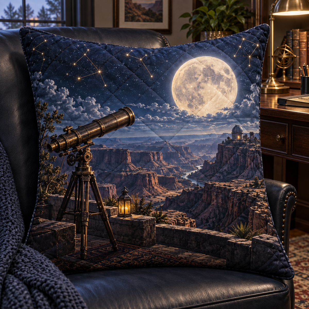 Moonlit Desert Observatory Quilted Cushion Cover with printed optical 3D artwork in its use setting