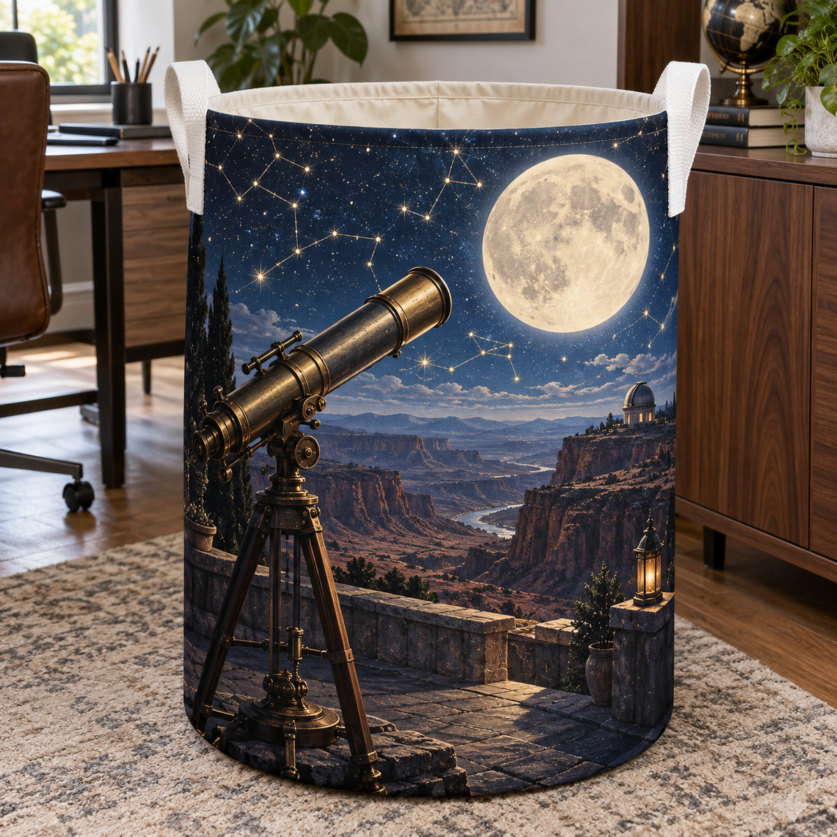 Moonlit Desert Observatory Laundry Hamper with printed optical 3D artwork in its use setting