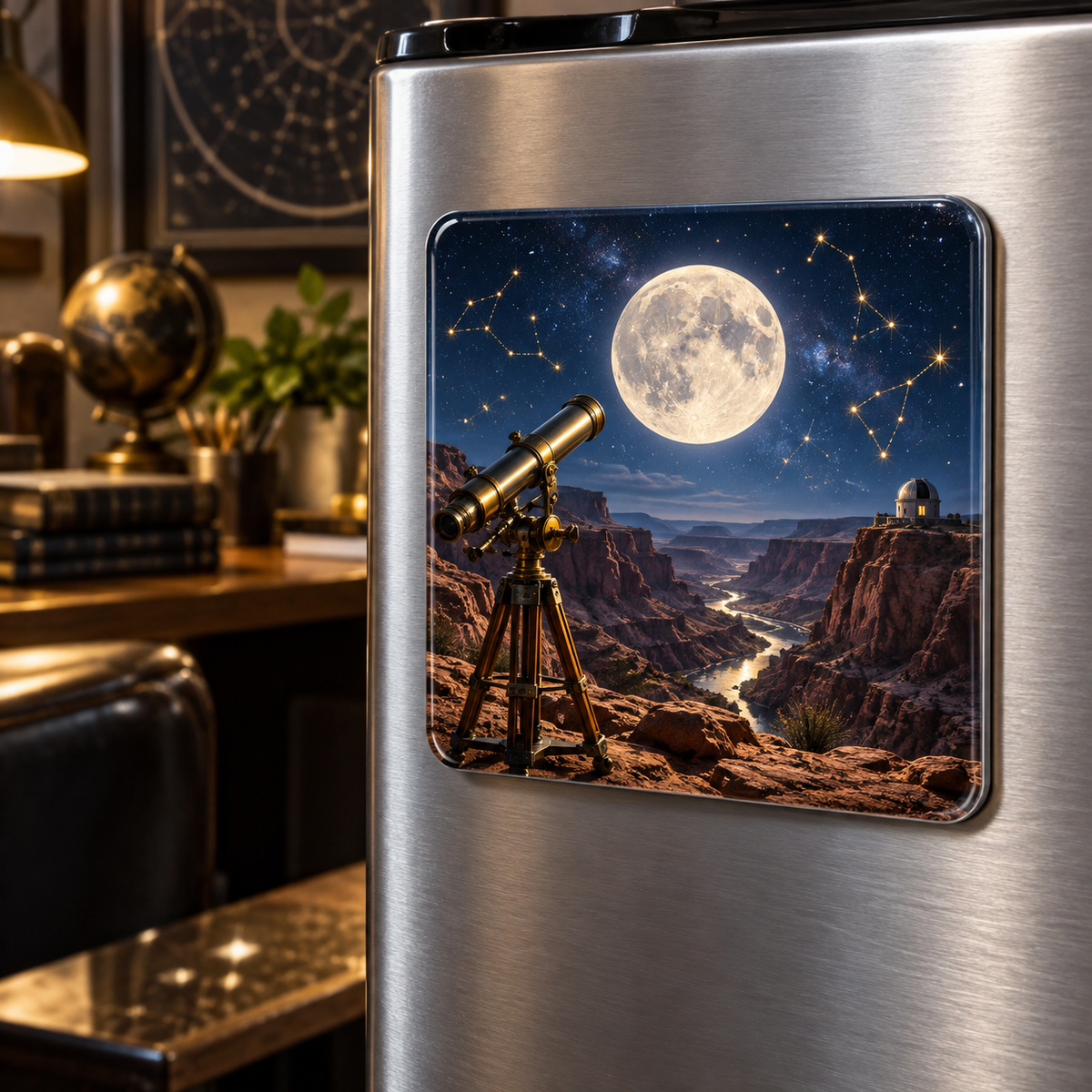 Moonlit Desert Observatory Acrylic Refrigerator Magnet with printed optical 3D artwork in its use setting
