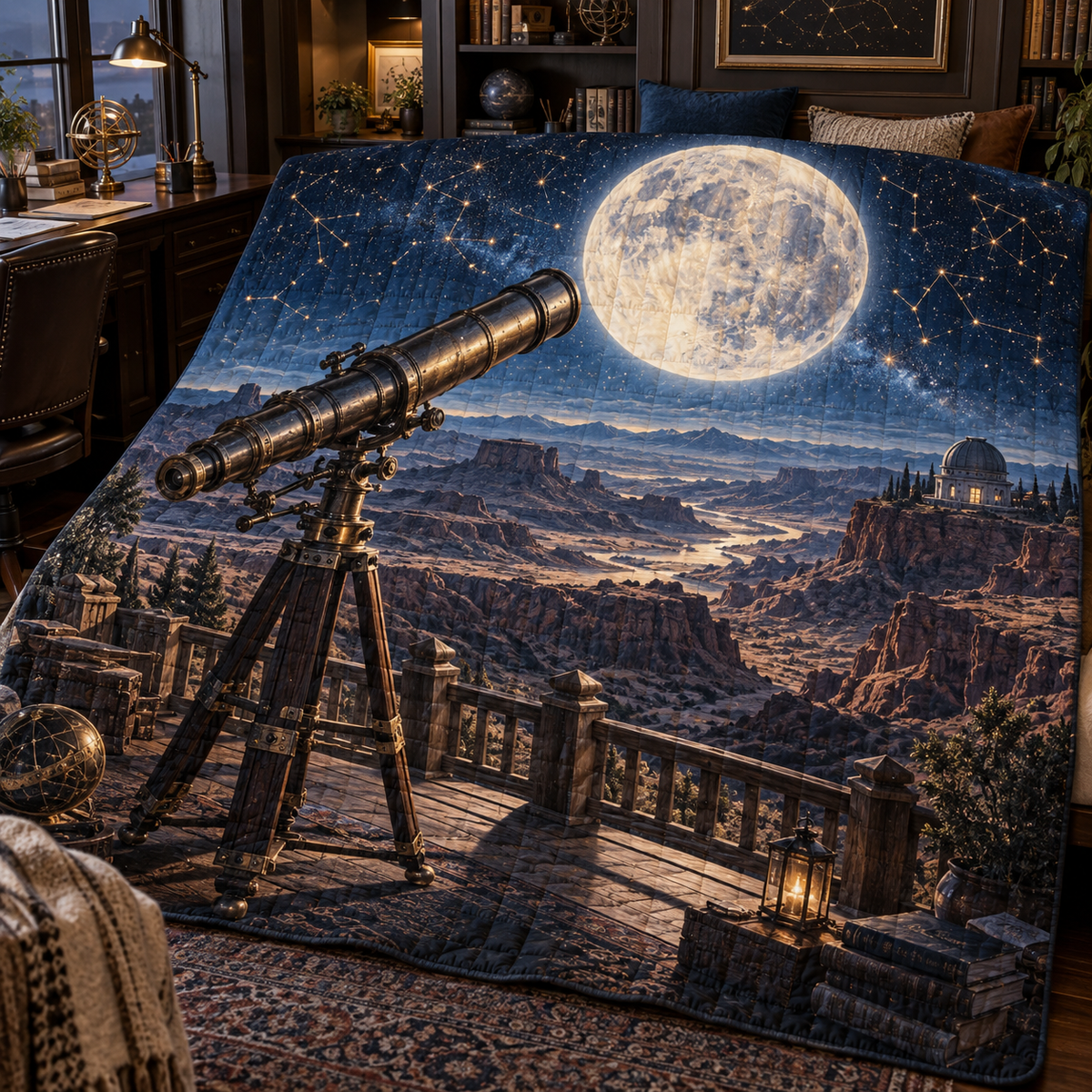 Moonlit Desert Observatory Quilt Blanket with printed optical 3D artwork in its use setting