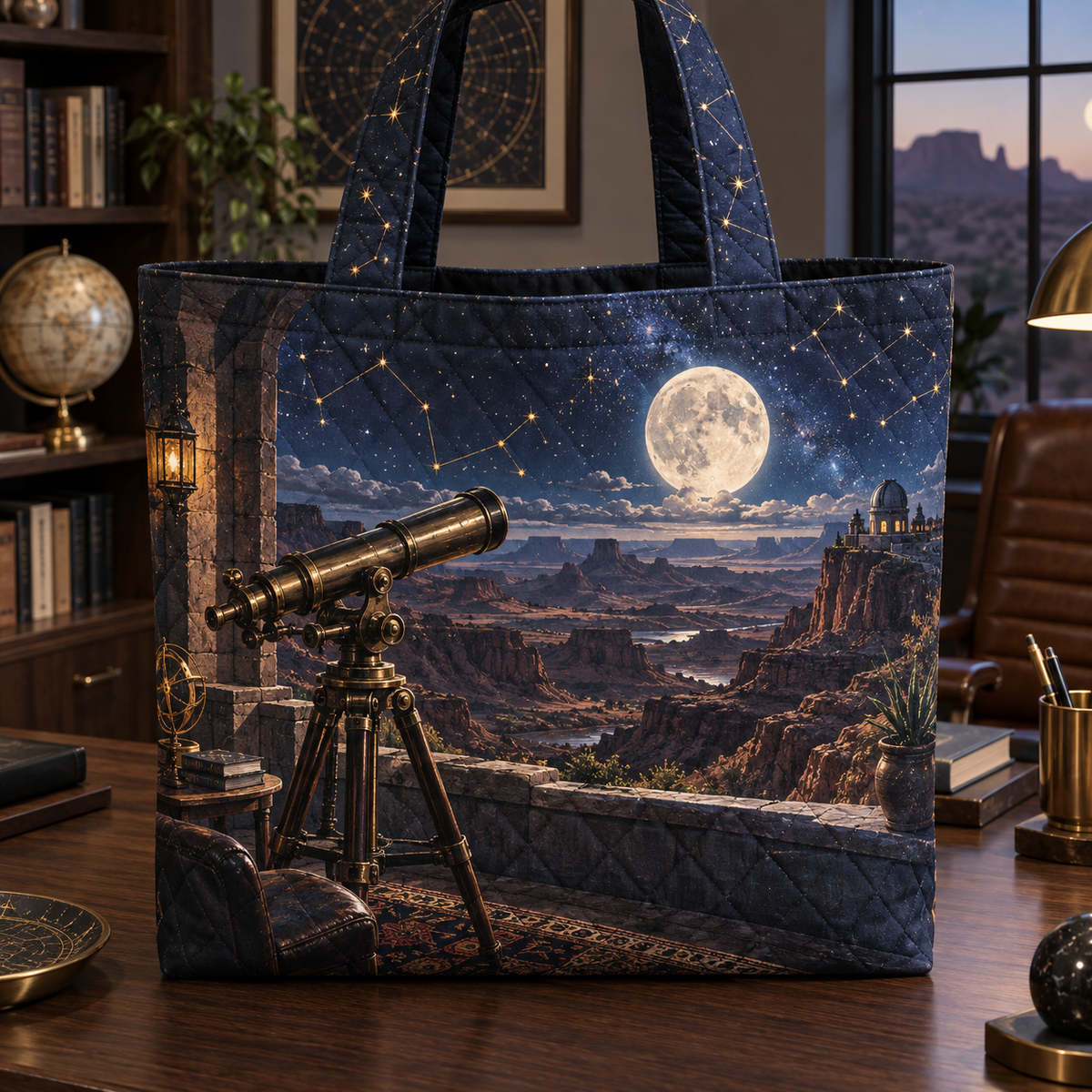 Moonlit Desert Observatory Quilted Tote Bag with printed optical 3D artwork in its use setting