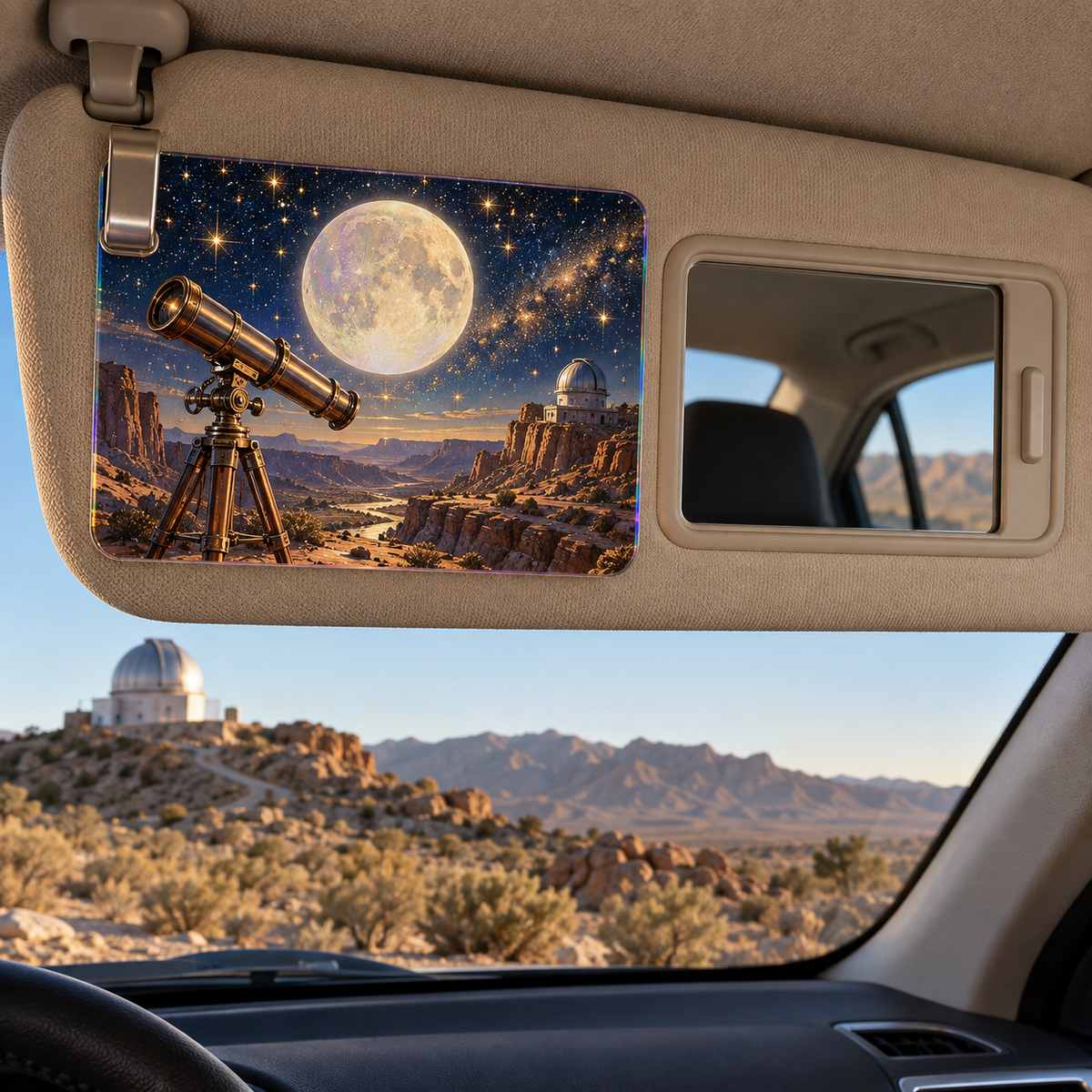 Moonlit Desert Observatory Holographic Car Visor Clip with printed optical 3D artwork in its use setting