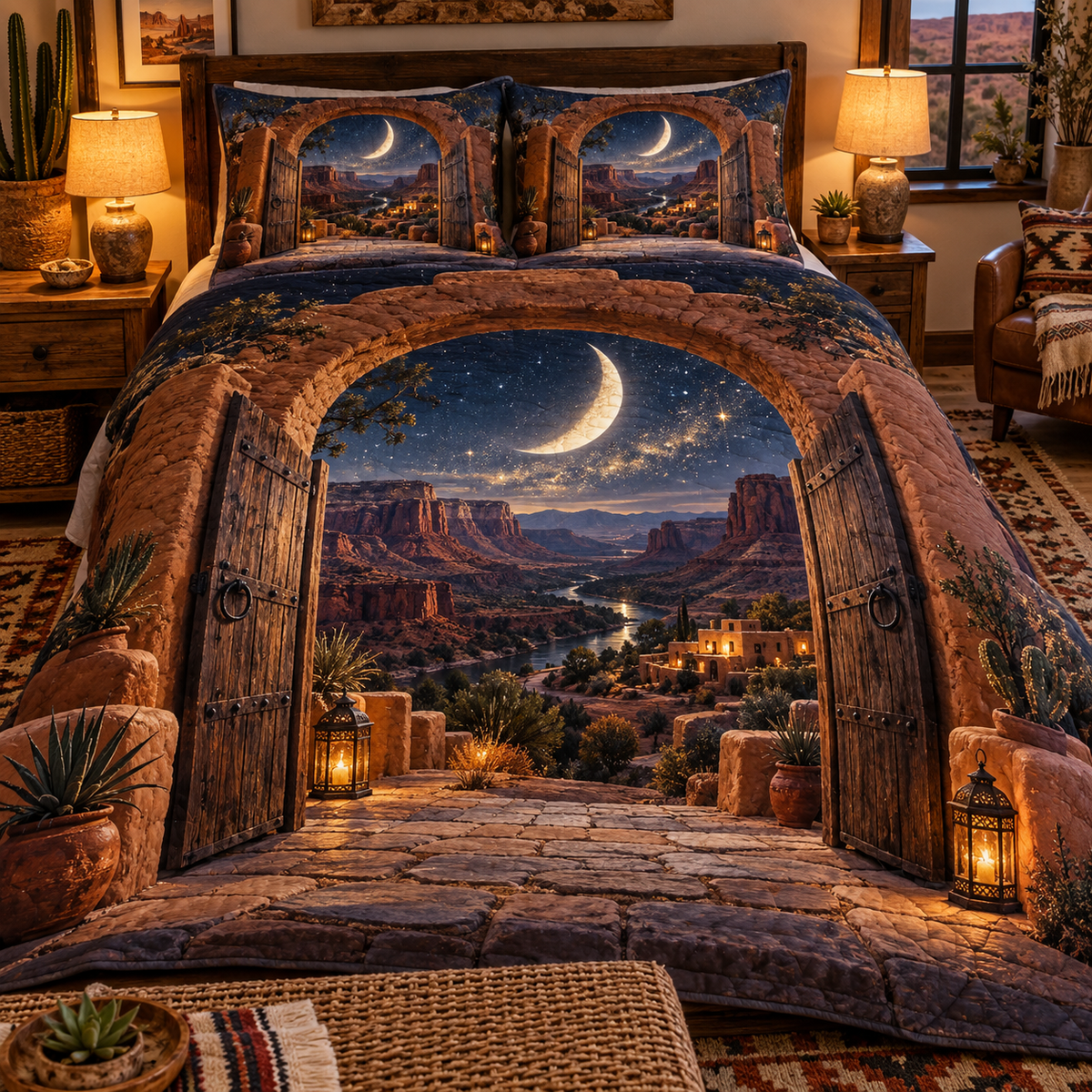 Celestial Desert Welcome Quilted Bedding Set with printed optical 3D artwork in its use setting