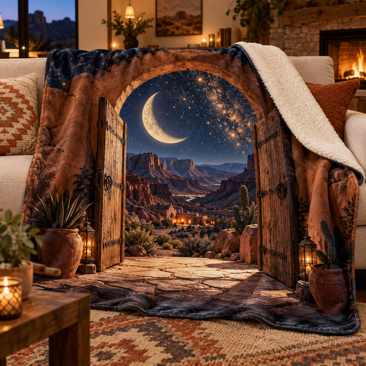 Celestial Desert Welcome Sherpa & Fleece Blanket with printed optical 3D artwork in its use setting
