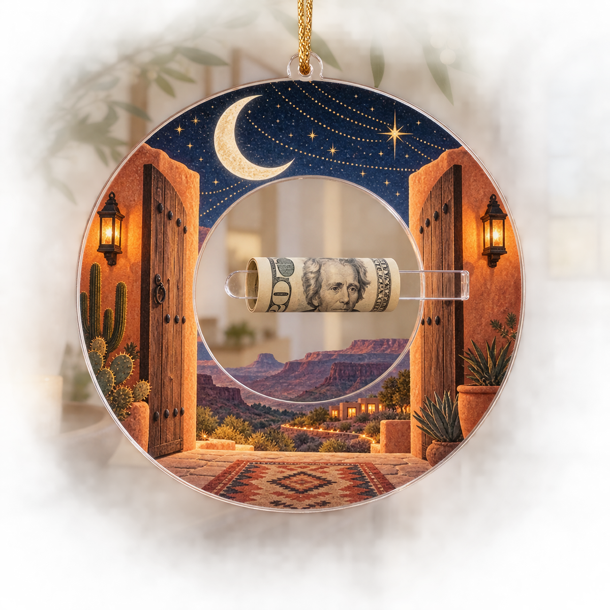 Celestial Desert Welcome Acrylic Cash Holder Ornament with printed optical 3D artwork in its use setting
