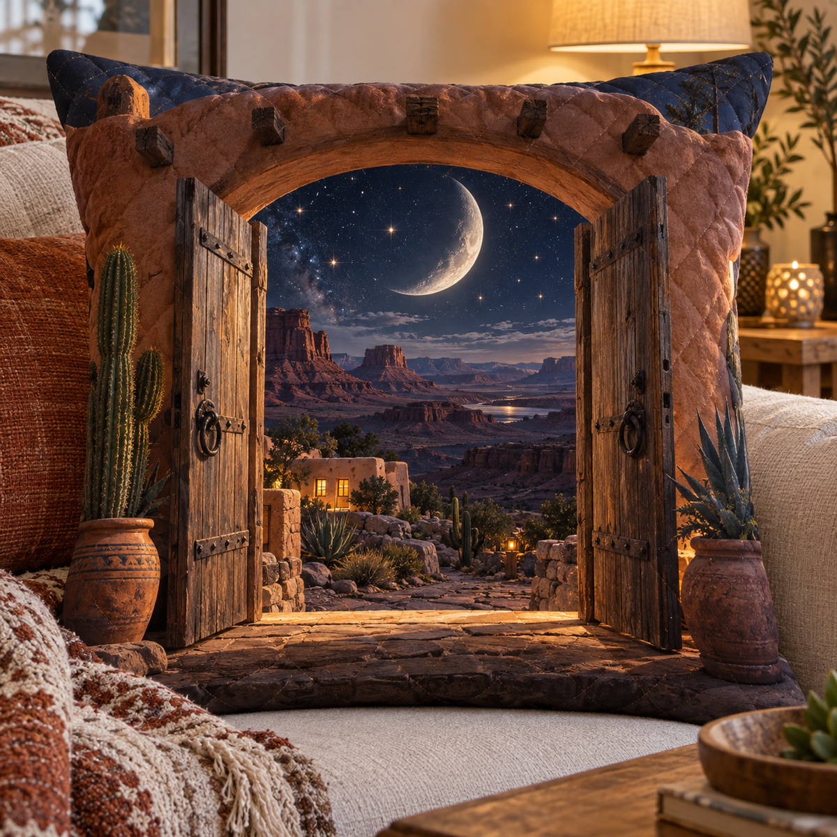 Celestial Desert Welcome Quilted Cushion Cover with printed optical 3D artwork in its use setting