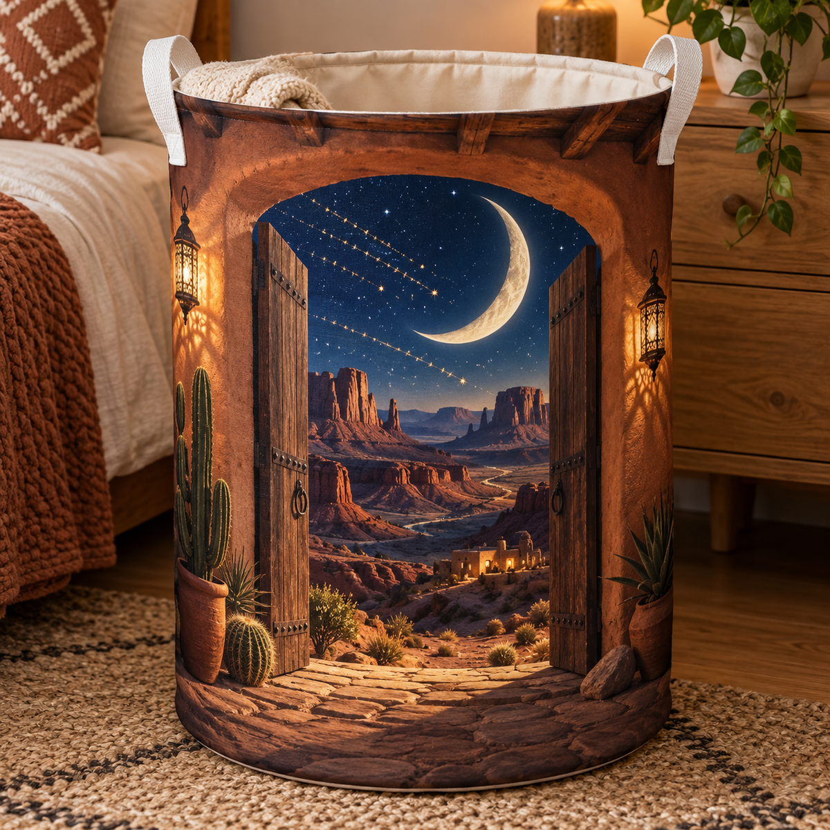 Celestial Desert Welcome Laundry Hamper with printed optical 3D artwork in its use setting