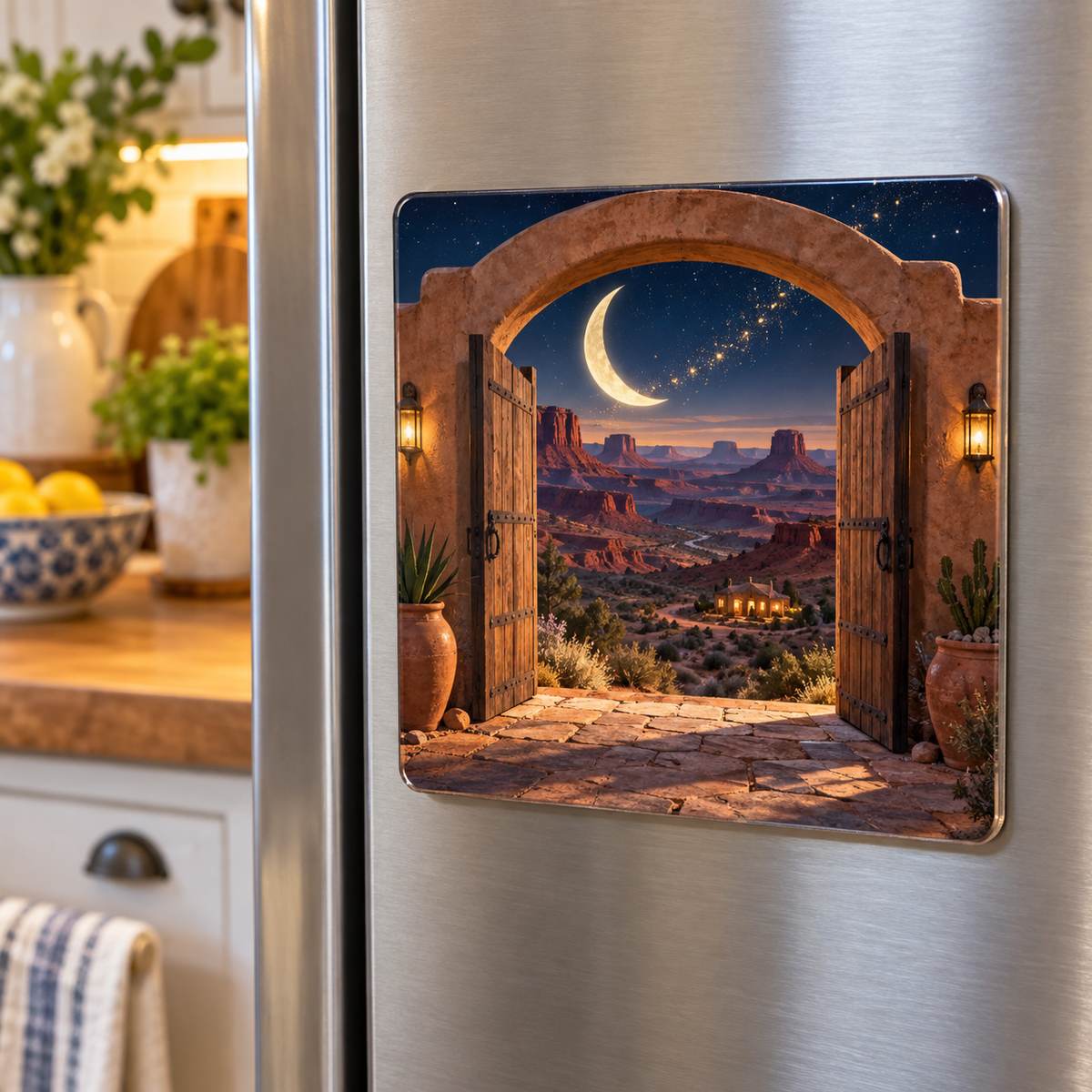 Celestial Desert Welcome Acrylic Refrigerator Magnet with printed optical 3D artwork in its use setting