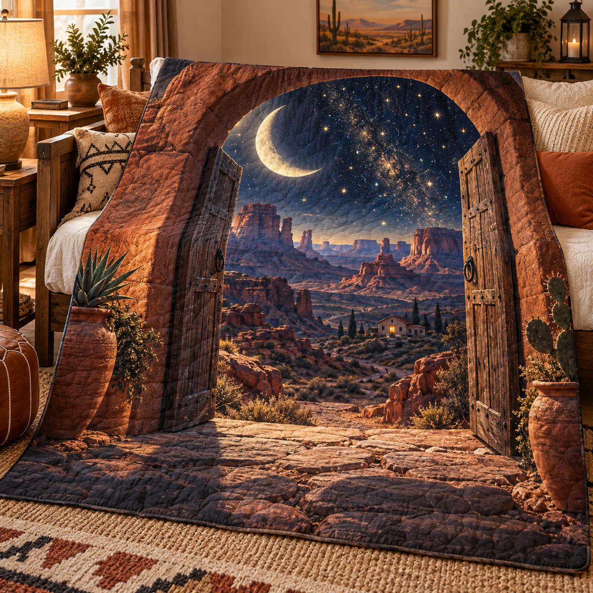 Celestial Desert Welcome Quilt Blanket with printed optical 3D artwork in its use setting
