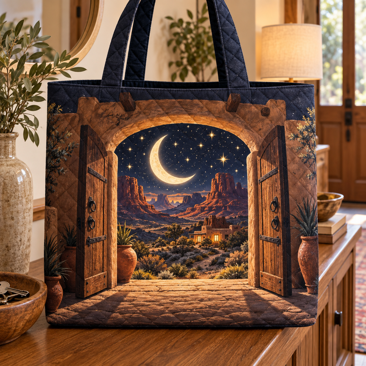 Celestial Desert Welcome Quilted Tote Bag with printed optical 3D artwork in its use setting
