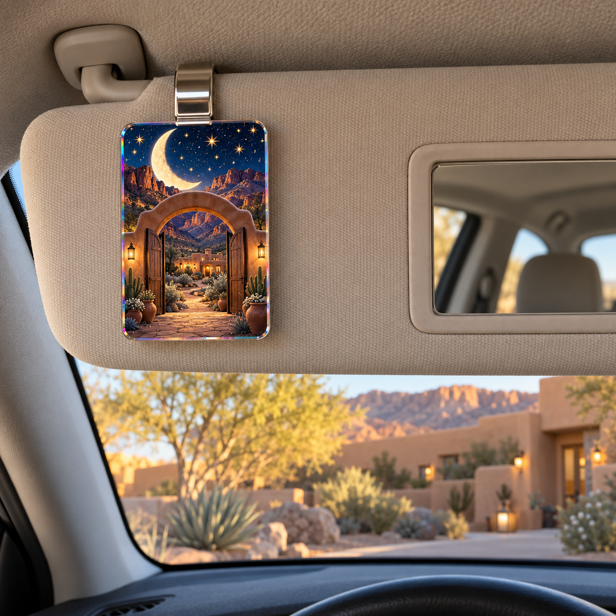 Celestial Desert Welcome Holographic Car Visor Clip with printed optical 3D artwork in its use setting