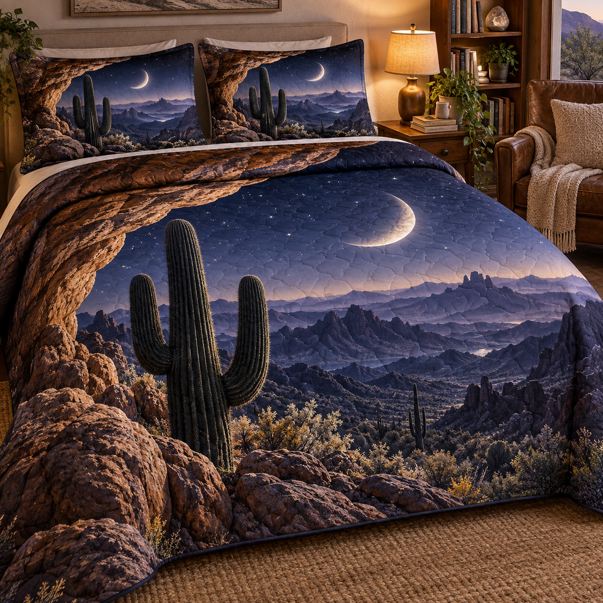 Saguaro Moonstone Alcove Quilted Bedding Set with printed optical 3D artwork in its use setting