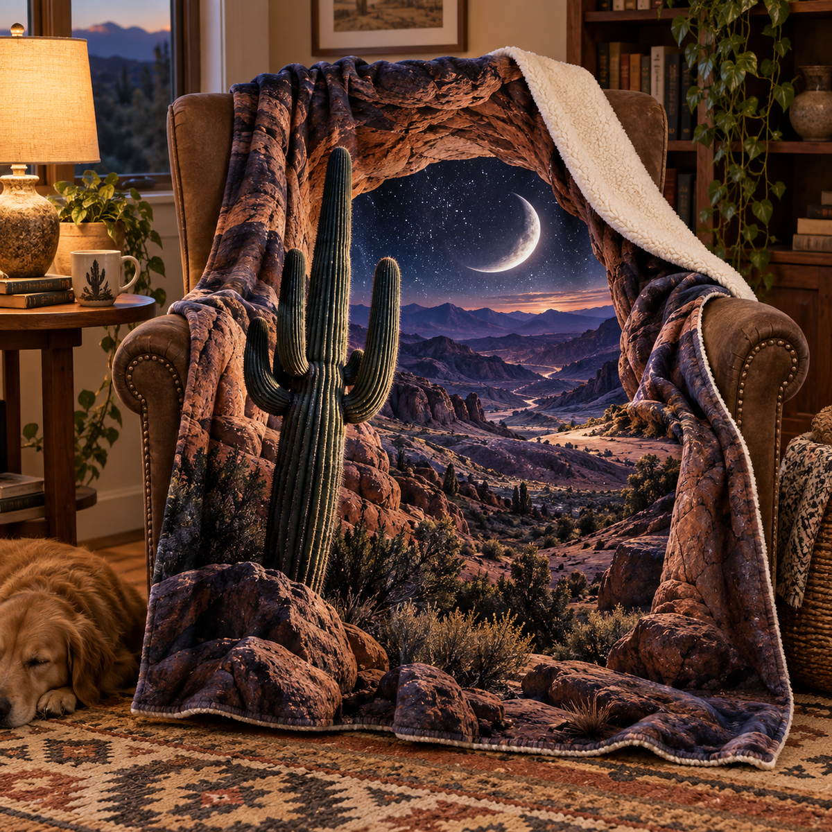 Saguaro Moonstone Alcove Sherpa & Fleece Blanket with printed optical 3D artwork in its use setting