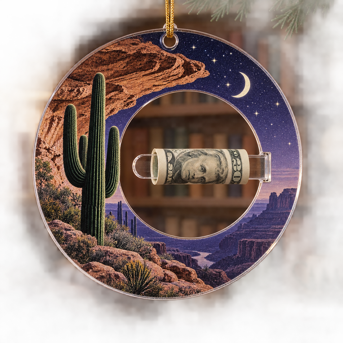 Saguaro Moonstone Alcove Acrylic Cash Holder Ornament with printed optical 3D artwork in its use setting