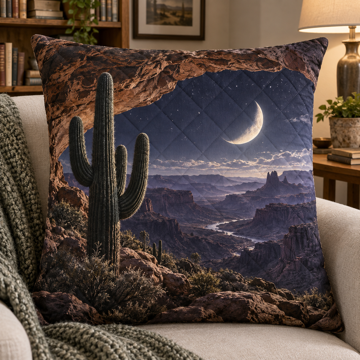 Saguaro Moonstone Alcove Quilted Cushion Cover with printed optical 3D artwork in its use setting
