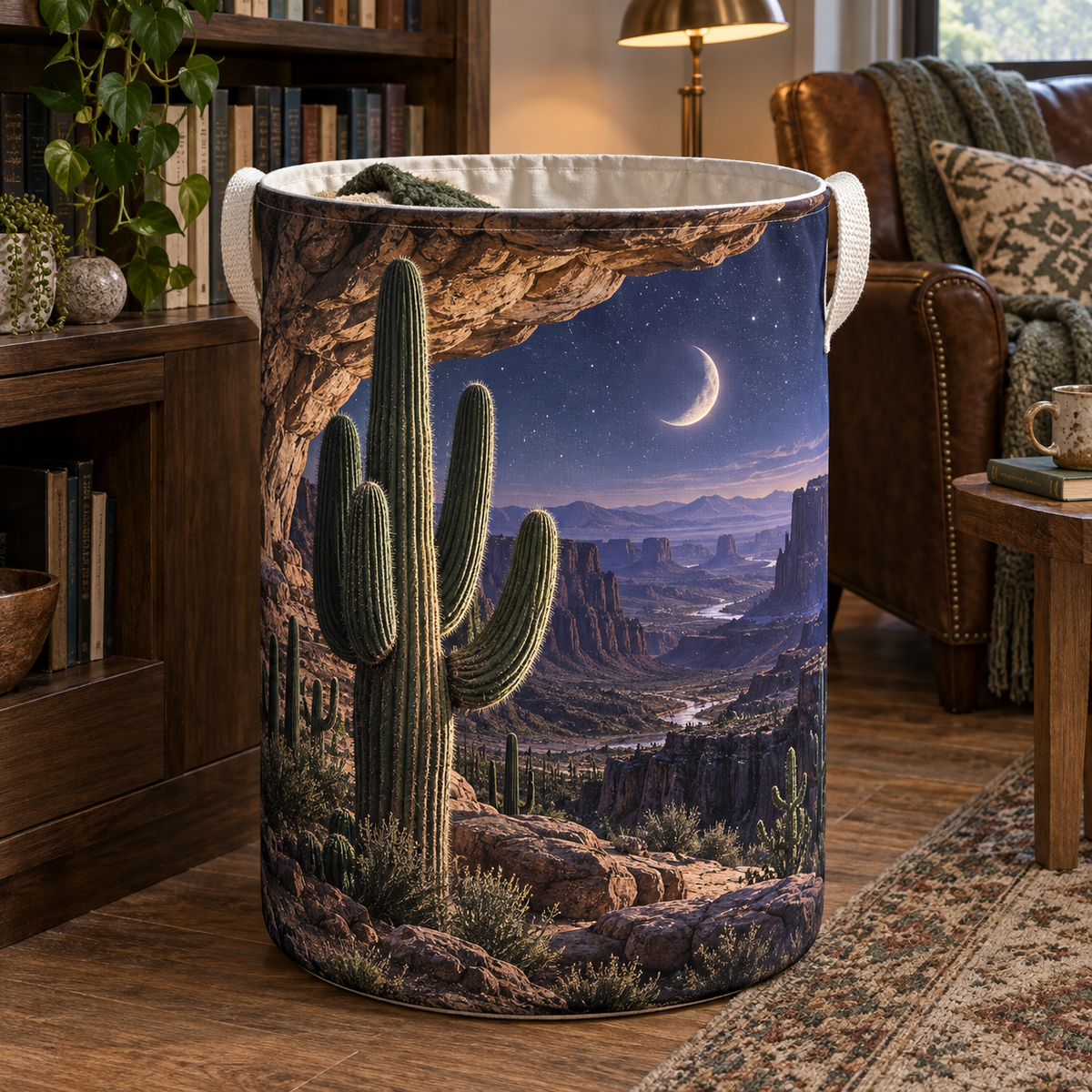Saguaro Moonstone Alcove Laundry Hamper with printed optical 3D artwork in its use setting